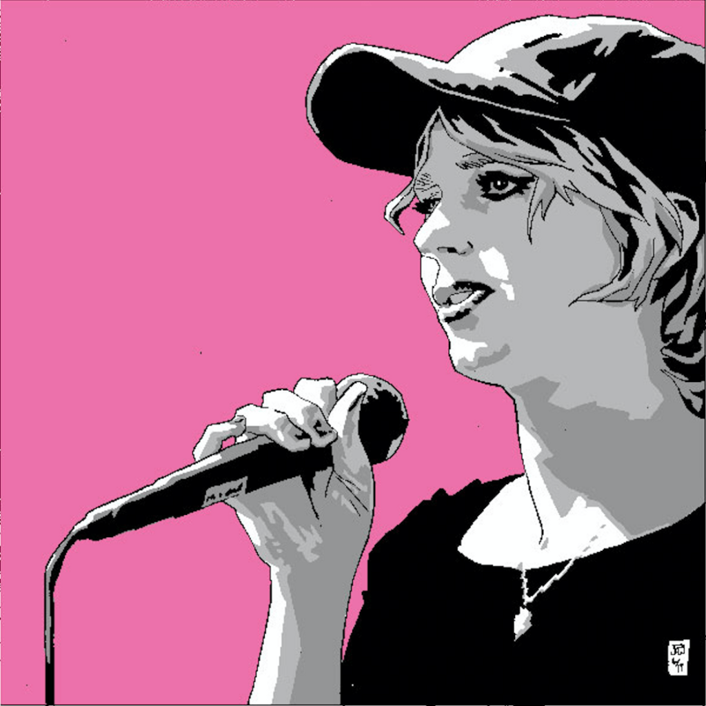 A drawing in black and white on a hot pink background, showing Chelsea Manning speaking into a microphone.