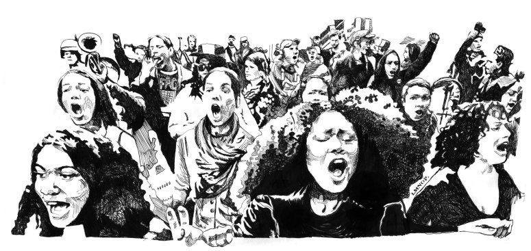 Testify! by Lopi, depicting a diverse crowd of protesters with their mouths open in chant or song.