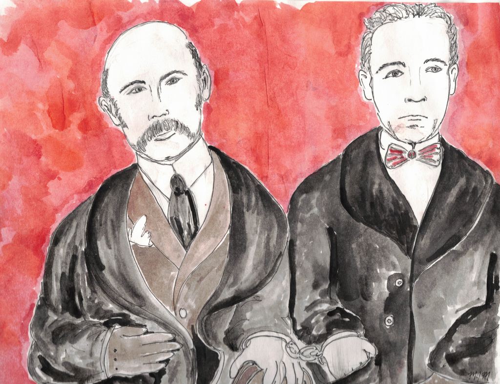 A watercolor in red, black, and brown, with pencil, depicting Sacco and Vanzetti. painted by Green Scare political prisoner Marius Mason