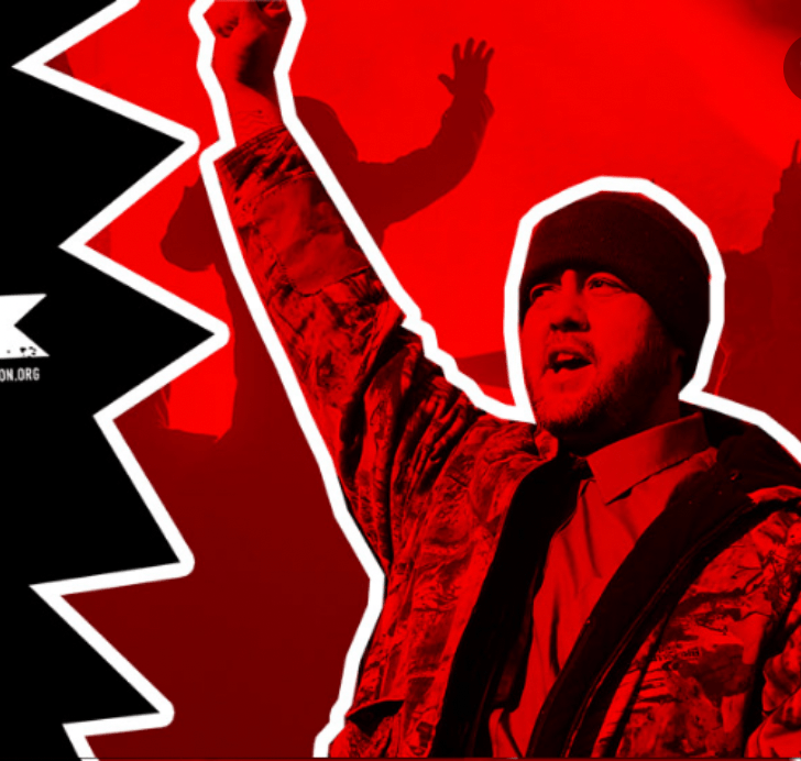 An image of Water Protector Steve Martinez, washed in red, outlined in white.